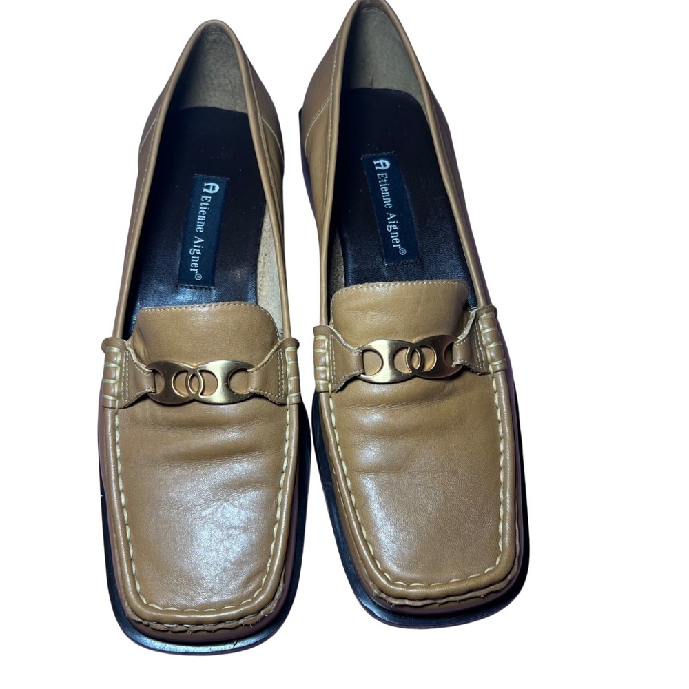 Etienne Aigner Otto Tan Leather Horsebit Loafers Square Toe Block Heel Mens 9W
